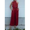 imagePRETTYGARDEN Womens 2 Piece Outfits 2025 Summer Casual Sleeveless Mock Neck Crop Tops Wide Leg Pants SetRed