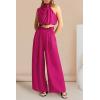imagePRETTYGARDEN Womens 2 Piece Outfits 2025 Summer Casual Sleeveless Mock Neck Crop Tops Wide Leg Pants SetRose Red