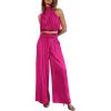 imagePRETTYGARDEN Womens 2 Piece Outfits 2025 Summer Casual Sleeveless Mock Neck Crop Tops Wide Leg Pants SetRose Red