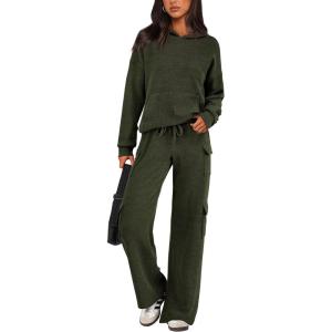 imagePRETTYGARDEN Womens 2 Piece Lounge Sets 2025 Fall Knitted Hoodie Pullover Tops Cargo Pants Matching Outfits TracksuitsArmy Green