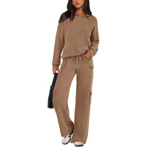 imagePRETTYGARDEN Womens 2 Piece Lounge Sets 2025 Fall Knitted Hoodie Pullover Tops Cargo Pants Matching Outfits TracksuitsCamel