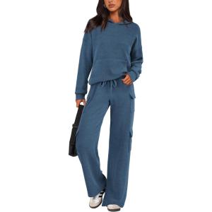 imagePRETTYGARDEN Womens 2 Piece Lounge Sets 2025 Fall Knitted Hoodie Pullover Tops Cargo Pants Matching Outfits TracksuitsDark Blue