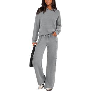 imagePRETTYGARDEN Womens 2 Piece Lounge Sets 2025 Fall Knitted Hoodie Pullover Tops Cargo Pants Matching Outfits TracksuitsGrey