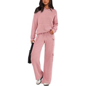 imagePRETTYGARDEN Womens 2 Piece Lounge Sets 2025 Fall Knitted Hoodie Pullover Tops Cargo Pants Matching Outfits TracksuitsLight Pink