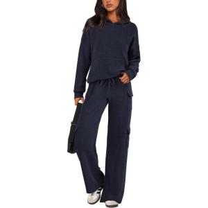imagePRETTYGARDEN Womens 2 Piece Lounge Sets 2025 Fall Knitted Hoodie Pullover Tops Cargo Pants Matching Outfits TracksuitsNavy