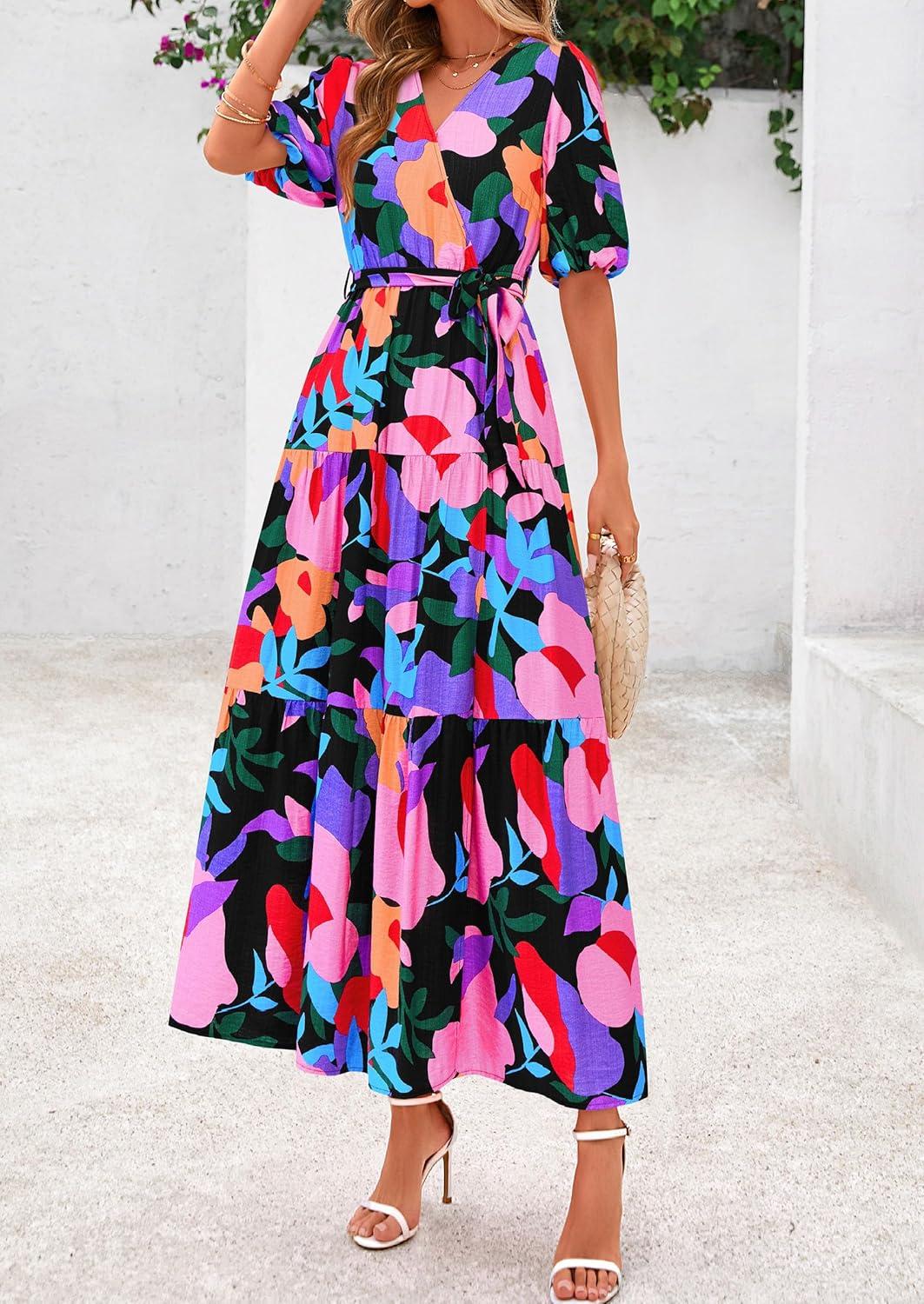 imagePRETTYGARDEN Womens Summer Maxi Dress 2025 Boho Floral Wrap V Neck Puff Short Sleeve Ruffle Flowy Beach Resort Long DressesMulticolored Flower