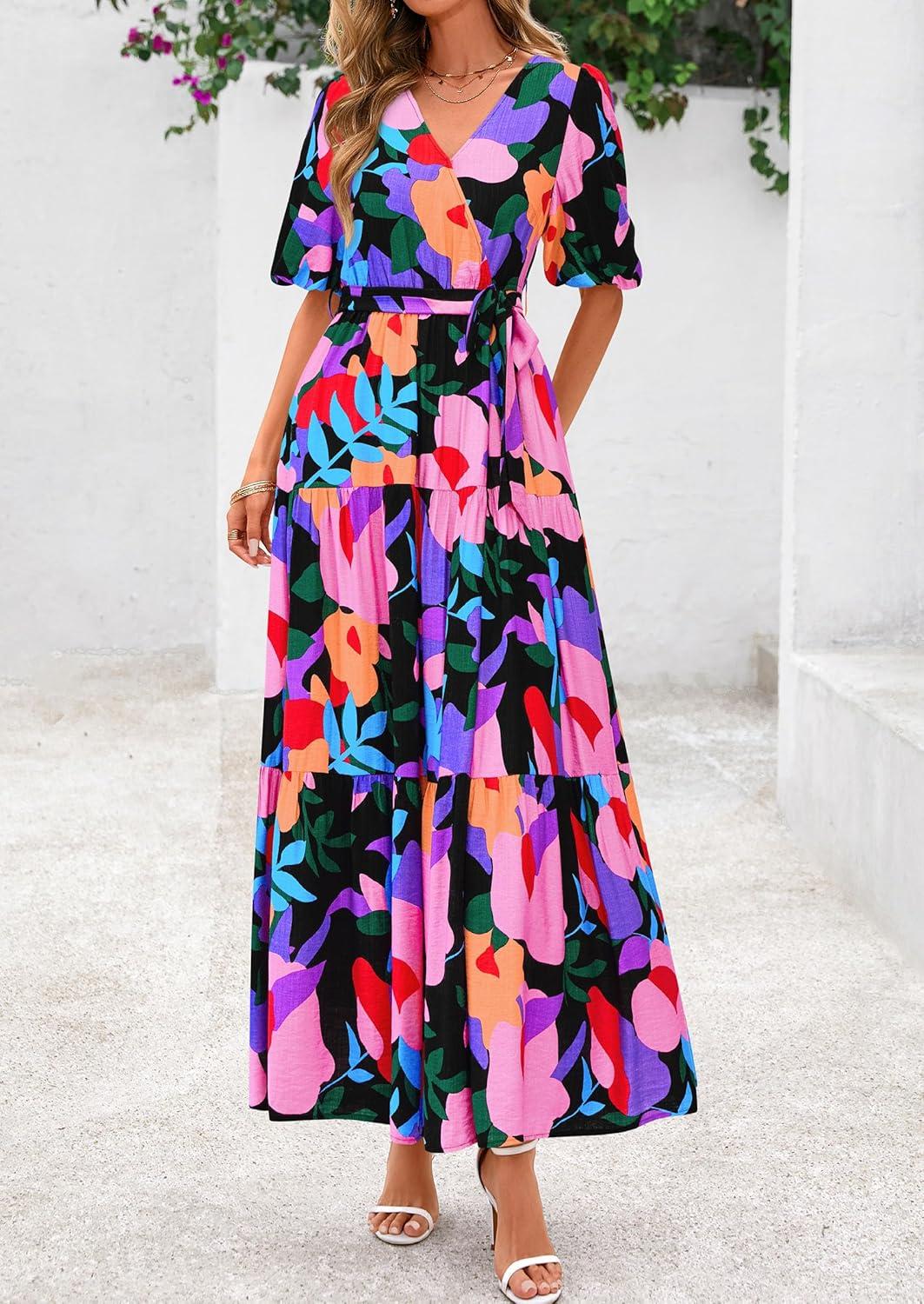 imagePRETTYGARDEN Womens Summer Maxi Dress 2025 Boho Floral Wrap V Neck Puff Short Sleeve Ruffle Flowy Beach Resort Long DressesMulticolored Flower