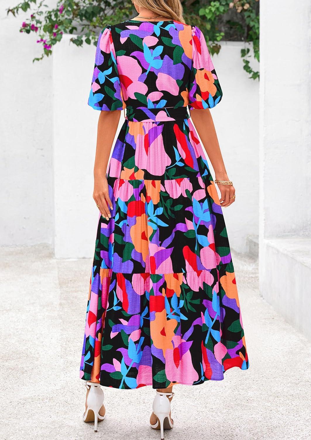 imagePRETTYGARDEN Womens Summer Maxi Dress 2025 Boho Floral Wrap V Neck Puff Short Sleeve Ruffle Flowy Beach Resort Long DressesMulticolored Flower