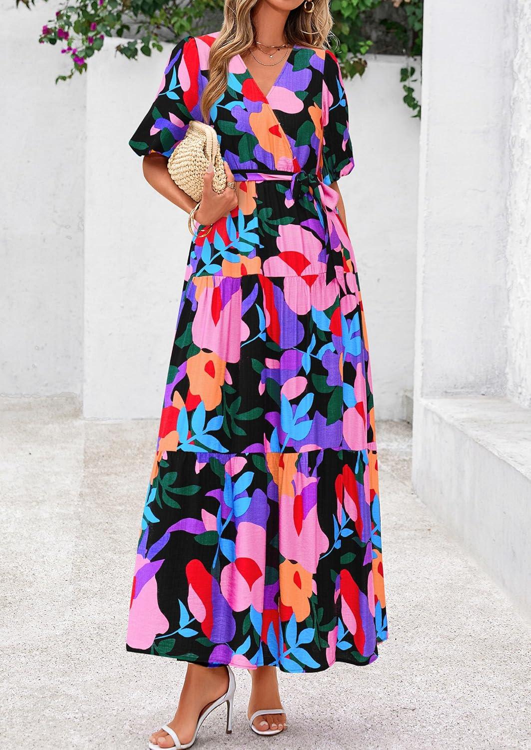 imagePRETTYGARDEN Womens Summer Maxi Dress 2025 Boho Floral Wrap V Neck Puff Short Sleeve Ruffle Flowy Beach Resort Long DressesMulticolored Flower
