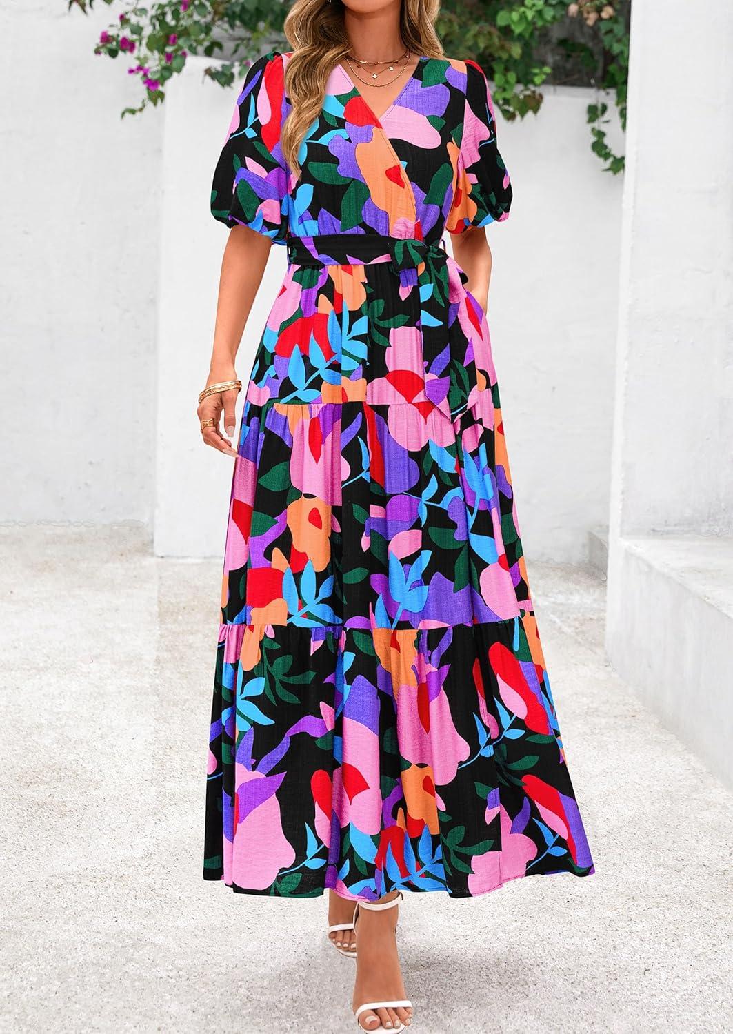 imagePRETTYGARDEN Womens Summer Maxi Dress 2025 Boho Floral Wrap V Neck Puff Short Sleeve Ruffle Flowy Beach Resort Long DressesMulticolored Flower