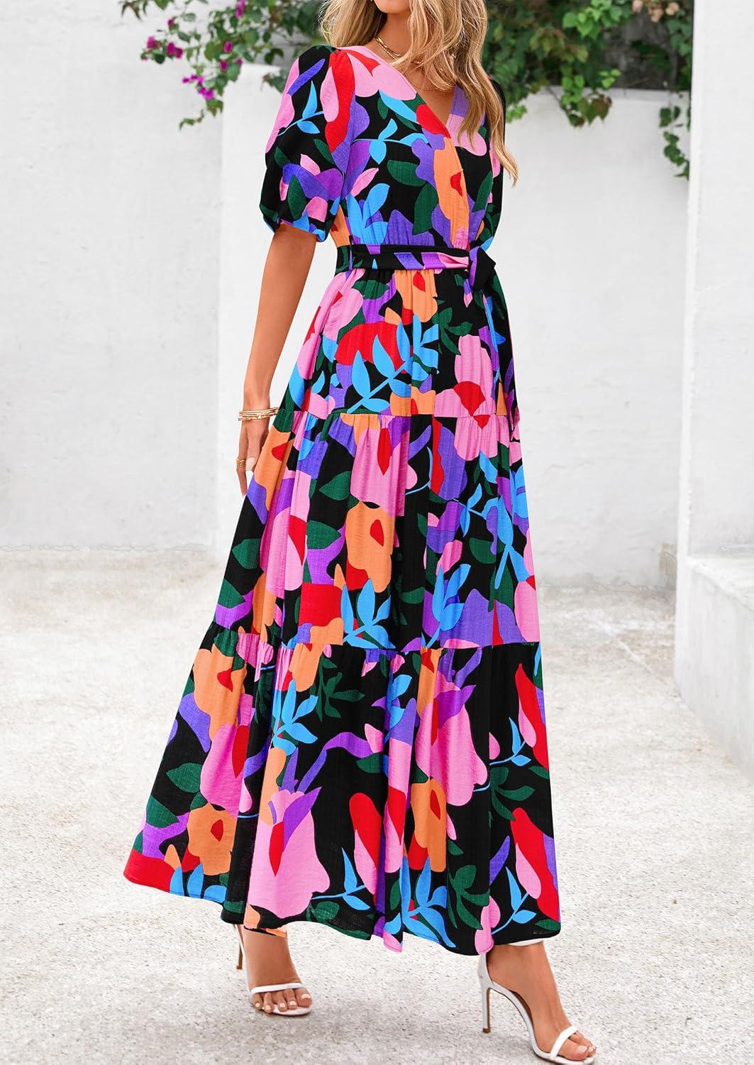 imagePRETTYGARDEN Womens Summer Maxi Dress 2025 Boho Floral Wrap V Neck Puff Short Sleeve Ruffle Flowy Beach Resort Long DressesMulticolored Flower