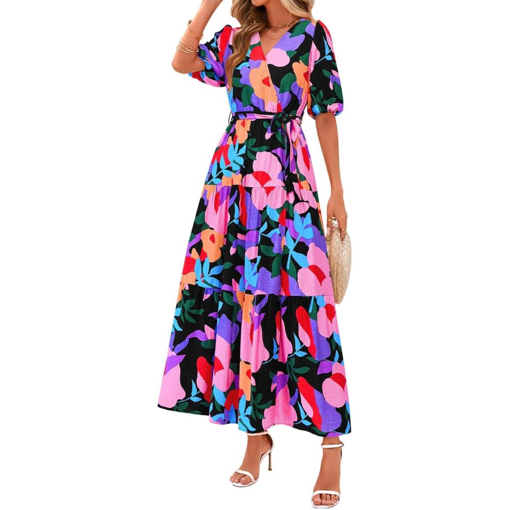 imagePRETTYGARDEN Womens Summer Maxi Dress 2025 Boho Floral Wrap V Neck Puff Short Sleeve Ruffle Flowy Beach Resort Long DressesMulticolored Flower