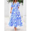 imagePRETTYGARDEN Womens Summer Maxi Dress 2025 Boho Floral Wrap V Neck Puff Short Sleeve Ruffle Flowy Beach Resort Long DressesBlue Flower