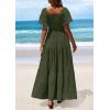 imagePRETTYGARDEN Womens Summer Puff Short Sleeve Maxi Dress Square Neck Smocked Tiered Ruffle A Line Long Flowy Beach DressesArmy Green