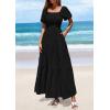 imagePRETTYGARDEN Womens Summer Puff Short Sleeve Maxi Dress Square Neck Smocked Tiered Ruffle A Line Long Flowy Beach DressesBlack