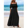 imagePRETTYGARDEN Womens Summer Puff Short Sleeve Maxi Dress Square Neck Smocked Tiered Ruffle A Line Long Flowy Beach DressesBlack