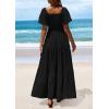 imagePRETTYGARDEN Womens Summer Puff Short Sleeve Maxi Dress Square Neck Smocked Tiered Ruffle A Line Long Flowy Beach DressesBlack