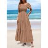 imagePRETTYGARDEN Womens Summer Puff Short Sleeve Maxi Dress Square Neck Smocked Tiered Ruffle A Line Long Flowy Beach DressesKhaki