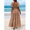 imagePRETTYGARDEN Womens Summer Puff Short Sleeve Maxi Dress Square Neck Smocked Tiered Ruffle A Line Long Flowy Beach DressesKhaki