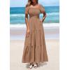 imagePRETTYGARDEN Womens Summer Puff Short Sleeve Maxi Dress Square Neck Smocked Tiered Ruffle A Line Long Flowy Beach DressesKhaki