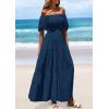 imagePRETTYGARDEN Womens Summer Puff Short Sleeve Maxi Dress Square Neck Smocked Tiered Ruffle A Line Long Flowy Beach DressesNavy