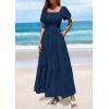 imagePRETTYGARDEN Womens Summer Puff Short Sleeve Maxi Dress Square Neck Smocked Tiered Ruffle A Line Long Flowy Beach DressesNavy