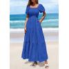 imagePRETTYGARDEN Womens Summer Puff Short Sleeve Maxi Dress Square Neck Smocked Tiered Ruffle A Line Long Flowy Beach DressesRoyal Blue