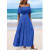 imagePRETTYGARDEN Womens Summer Puff Short Sleeve Maxi Dress Square Neck Smocked Tiered Ruffle A Line Long Flowy Beach DressesRoyal Blue