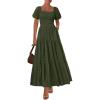 imagePRETTYGARDEN Womens Summer Puff Short Sleeve Maxi Dress Square Neck Smocked Tiered Ruffle A Line Long Flowy Beach DressesArmy Green