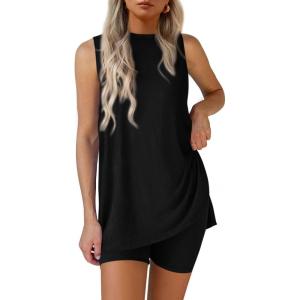 imagePRETTYGARDEN 2 Piece Sets for Women 2025 Summer Matching Lounge Shorts Set Resort Airport Travel Loungewear Outfits ClothingBlack