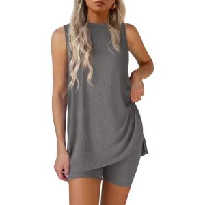 imagePRETTYGARDEN 2 Piece Sets for Women 2025 Summer Matching Lounge Shorts Set Resort Airport Travel Loungewear Outfits ClothingDark Grey