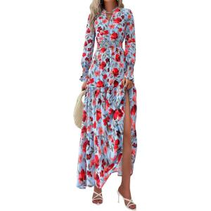 imagePRETTYGARDEN Womens Floral Maxi Dress 2025 Spring Long Sleeve V Neck Casual A Line Long Flowy Boho Party DressesFloral Blue Red