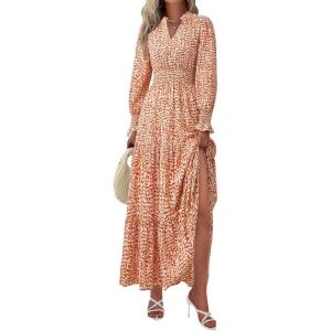 imagePRETTYGARDEN Womens Floral Maxi Dress 2025 Spring Long Sleeve V Neck Casual A Line Long Flowy Boho Party DressesFloral Orange