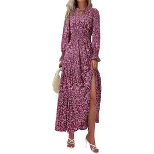 imagePRETTYGARDEN Womens Floral Maxi Dress 2025 Spring Long Sleeve V Neck Casual A Line Long Flowy Boho Party DressesFloral Red Black