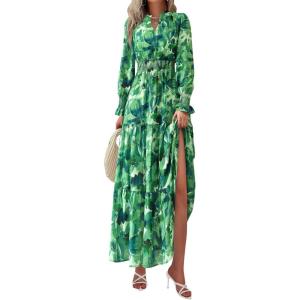 imagePRETTYGARDEN Womens Floral Maxi Dress 2025 Spring Long Sleeve V Neck Casual A Line Long Flowy Boho Party DressesGreen
