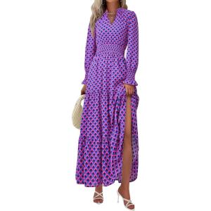 imagePRETTYGARDEN Womens Floral Maxi Dress 2025 Spring Long Sleeve V Neck Casual A Line Long Flowy Boho Party DressesPlaid Blue Pink