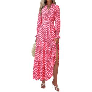 imagePRETTYGARDEN Womens Floral Maxi Dress 2025 Spring Long Sleeve V Neck Casual A Line Long Flowy Boho Party DressesPlaid Pink