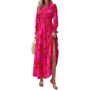 imagePRETTYGARDEN Womens Floral Maxi Dress 2025 Spring Long Sleeve V Neck Casual A Line Long Flowy Boho Party DressesRed Big Floral