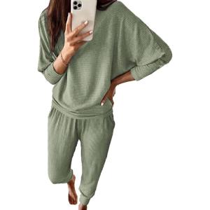 imagePRETTYGARDEN Womens Spring Fall Fashion Outfits 2 Piece Sweatsuit Long Sleeve Pullover Long Pants Ribbed Matching Lounge SetBean Green