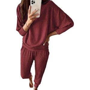 imagePRETTYGARDEN Womens Spring Fall Fashion Outfits 2 Piece Sweatsuit Long Sleeve Pullover Long Pants Ribbed Matching Lounge SetBrown Red