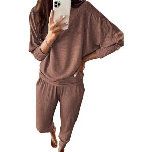 imagePRETTYGARDEN Womens Spring Fall Fashion Outfits 2 Piece Sweatsuit Long Sleeve Pullover Long Pants Ribbed Matching Lounge SetCoffee