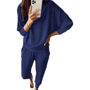 imagePRETTYGARDEN Womens Spring Fall Fashion Outfits 2 Piece Sweatsuit Long Sleeve Pullover Long Pants Ribbed Matching Lounge SetDark Blue