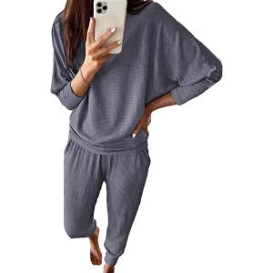 imagePRETTYGARDEN Womens Spring Fall Fashion Outfits 2 Piece Sweatsuit Long Sleeve Pullover Long Pants Ribbed Matching Lounge SetGrey Blue