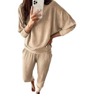 imagePRETTYGARDEN Womens Spring Fall Fashion Outfits 2 Piece Sweatsuit Long Sleeve Pullover Long Pants Ribbed Matching Lounge SetKhaki