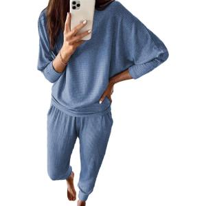 imagePRETTYGARDEN Womens Spring Fall Fashion Outfits 2 Piece Sweatsuit Long Sleeve Pullover Long Pants Ribbed Matching Lounge SetLight Blue
