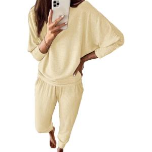 imagePRETTYGARDEN Womens Spring Fall Fashion Outfits 2 Piece Sweatsuit Long Sleeve Pullover Long Pants Ribbed Matching Lounge SetLight Khaki