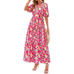 imagePRETTYGARDEN Womens Summer Maxi Dress 2025 Boho Floral Wrap V Neck Puff Short Sleeve Ruffle Flowy Beach Resort Long DressesFloral Pink Yellow