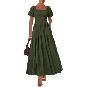 imagePRETTYGARDEN Womens Summer Puff Short Sleeve Maxi Dress Square Neck Smocked Tiered Ruffle A Line Long Flowy Beach DressesArmy Green
