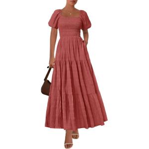 imagePRETTYGARDEN Womens Summer Puff Short Sleeve Maxi Dress Square Neck Smocked Tiered Ruffle A Line Long Flowy Beach DressesBean Paste Pink