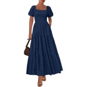 imagePRETTYGARDEN Womens Summer Puff Short Sleeve Maxi Dress Square Neck Smocked Tiered Ruffle A Line Long Flowy Beach DressesNavy